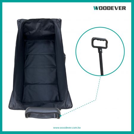 Utility wagon handle is ergonomically designed and can be freely adjusted to the user's operating height and angle.