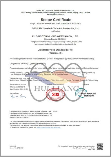 Certificat GRS-Global Recyclé Standard