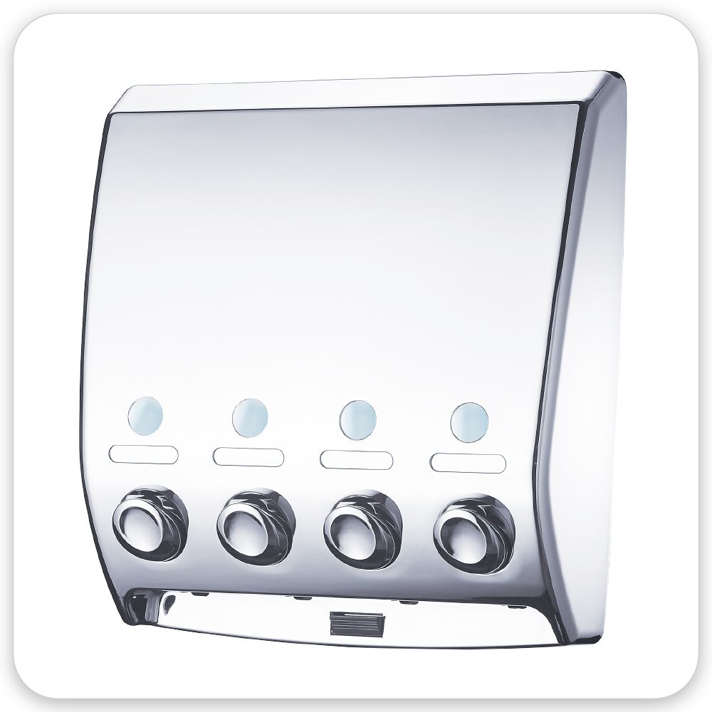 Multiple shower dispenser - 350ml lockable 4 Chamber Dispenser - Chrome, Automatic Soap & Sanitizer Soap Dispensers Manufacturer