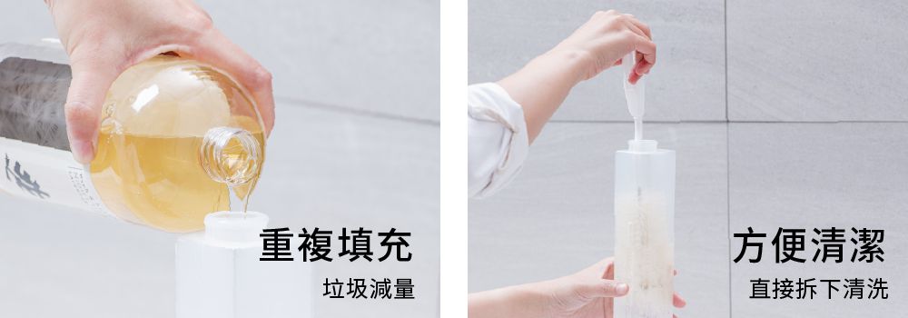 ▲重複填充液體,有效減少垃圾產生,環保愛地球,且內瓶可直接取下,使用清潔刷清洗。