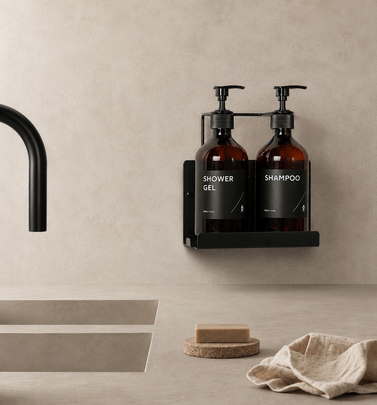 Minimalistisches Hotelflaschenhalter-System - Minimaler Halter für markierte Flaschen | 35 Jahre Hersteller von Hotel- und Badezimmer-Duschseifenspendern