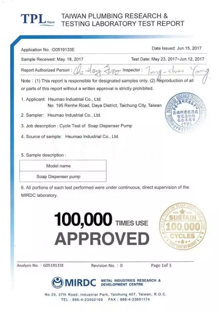 Rapport de laboratoire de test de 100 000 cycles de pompage