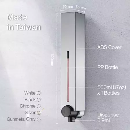 Spécifications du distributeur de savon argenté chic.