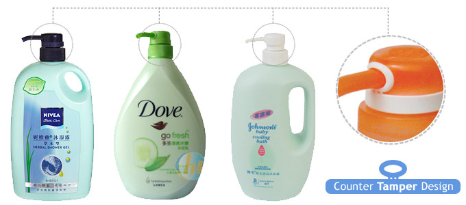 Botol plastik berdesain dounter-tamper dari Taixing KK Plastic untuk Johnson's, Dove, dan NIVEA