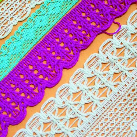 Lace samples from Multiple Bars automatic crochet knitting machine