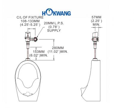 Dimensiones de la Válvula de Descarga Automática de Urinario UF526DE