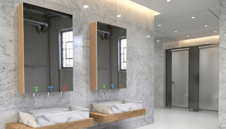 InnoWash hinter dem Spiegel Handtrockner, Seifenspender und Wasserhahn