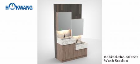 Zrkadlová skrinka so samočistiacim umývacím stolíkom - Za zrkadlom sa nachádza sušička na ruky, dávkovač mydla, vodovodná batéria - Zrkadlová skrinka so umývacím stolíkom
