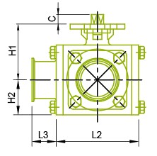 Pogled sa strane: sanitarni trosmjerni kuglasti ventil