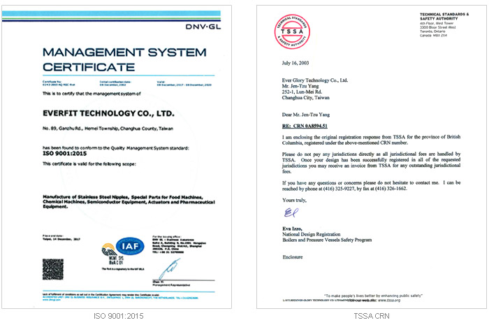 EFT ISO 9001 및 TSSA 인증서