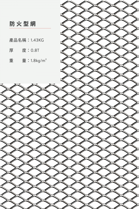 產品名稱：1.43KG；材質：鋼鐵、不銹鋼、鍍鋅板；厚度：0.8T；重量：1.8 kg/m2。