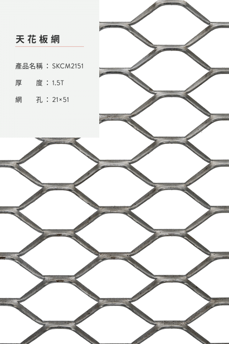 產品名稱：SKCM2151；材質：鋼鐵、不銹鋼、鍍鋅鋼板、鋁；厚度：1.5T；網孔：21x51；照片非1:1。