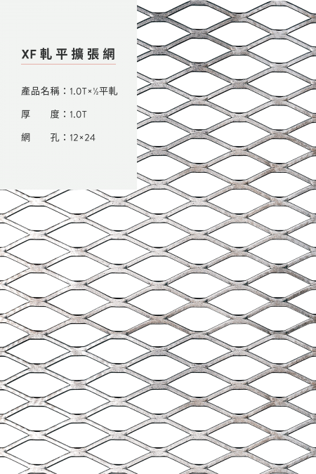 圖片說明：1.0Tx1/2軋平；材質：鋁、鋼鐵、不銹鋼、鍍鋅板；軋平前尺寸；厚度：1.0T；網孔：12x24；尺寸：4’x8’, 5’x10’。