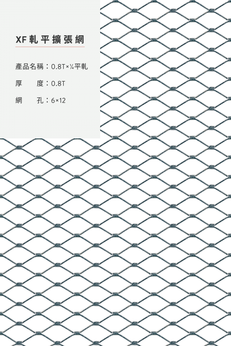 圖片說明：0.8Tx1/4軋平；材質：鋁、鋼鐵、不銹鋼、鍍鋅鋼板；軋平前尺寸；厚度：0.8T；網孔：6x12；尺寸：4’x8’, 5’x10’。