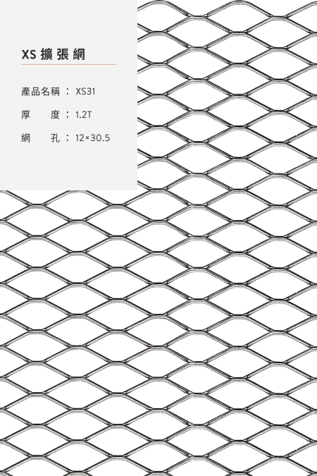 圖片說明：XS 31；材質：鋼鐵、不銹鋼、鍍鋅鋼板；厚度：1.2T；網孔：12x30.5；尺寸：4’x8’, 5’x10’。