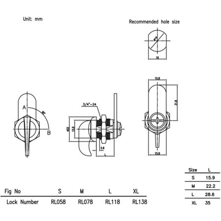 Especificação da fechadura de alça RL058.