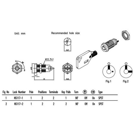 Trava de micro interruptor NS117 com chave tubular ESPECIFICAÇÕES