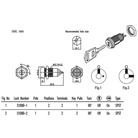 ESPECIFICAÇÕES da trava de micro interruptor S109B com chave plana.