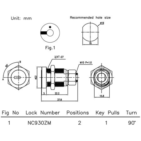 NC930ZM酒涡式钥匙高安全性锁尺寸图