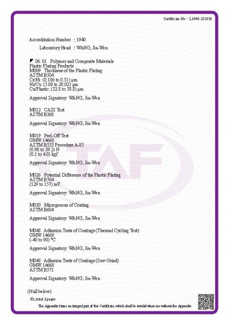 TAF Laboratory Certificate Page 2 of 2