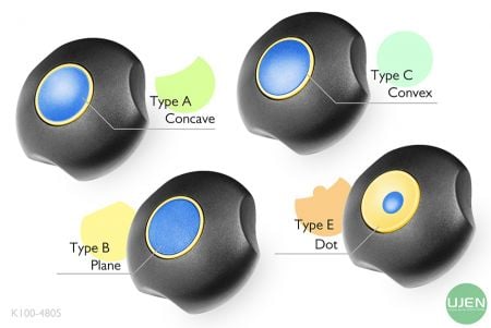 Quatre formes différentes (concave, plane, convexe et point) avec des boutons façonnés