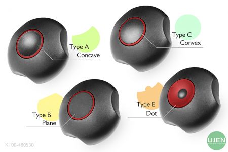 Cuatro formas diferentes (cóncava, plana, convexa y de punto) con pomos moldeados