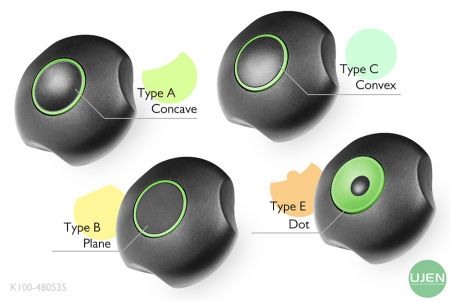 凹型、平面、凸型、ドットの4種類の形状の成形ノブ