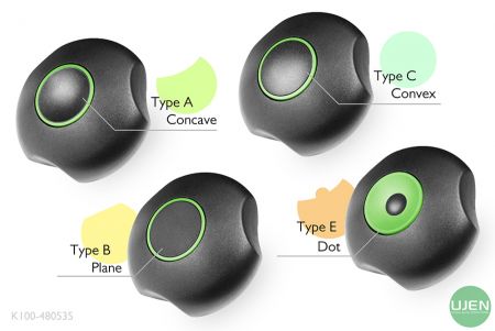 Four different shapes (concave, plane, convex and dot) with shaped knobs