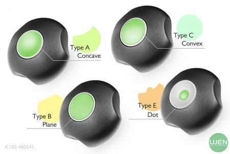 Vier verschiedene Formen (konkav, eben, konvex und punktförmig) mit geformten Knöpfen