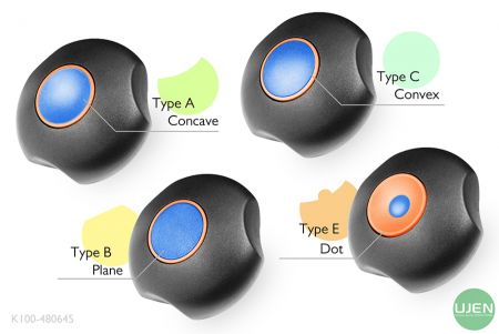 Vier verschiedene Formen (konkav, eben, konvex und punktförmig) mit geformten Knöpfen