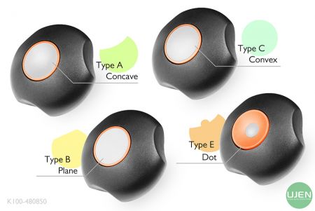 Four different shapes (concave, plane, convex and dot) with shaped knobs