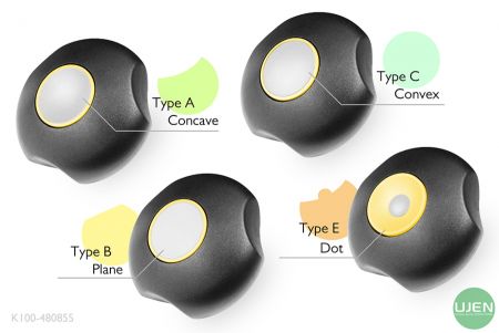 Quatre formes différentes (concave, plane, convexe et pointillée) avec des boutons profilés
