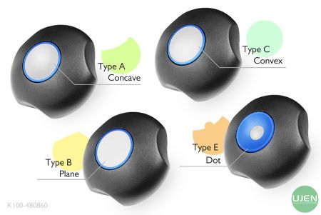 凹型、平面、凸型、ドットの4種類の形状のノブ