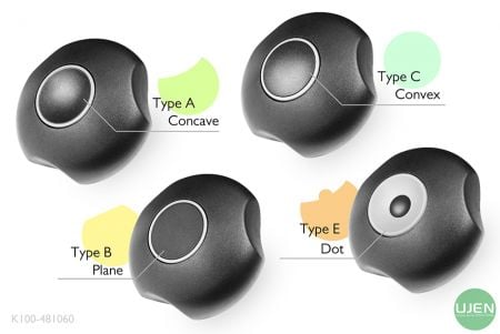 Four different shapes (concave, plane, convex and dot) with shaped knobs