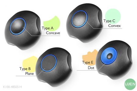 凹型、平面、凸型、ドットの4種類の形状のノブ