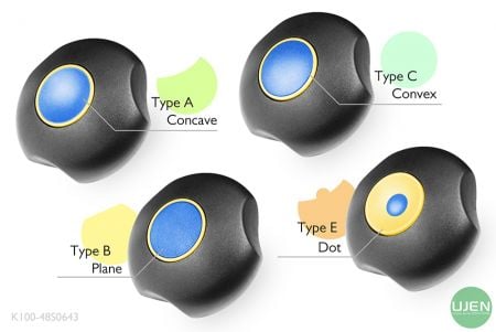 4つの異なる形状(凹型、平面、凸型、ドット)の形状つきつまみ