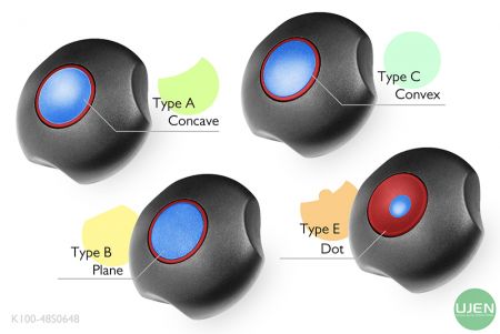 4つの異なる形状(凹型、平面、凸型、ドット)の形状つきつまみ