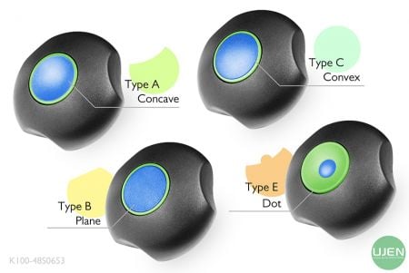 4つの異なる形状(凹型、平面、凸型、ドット)の形状つきつまみ