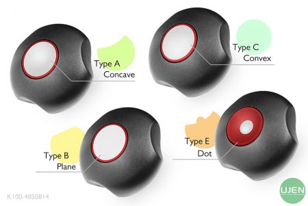 形状の異なる4つのタイプ(凹型、平面、凸型、ドット)と形状付きノブ