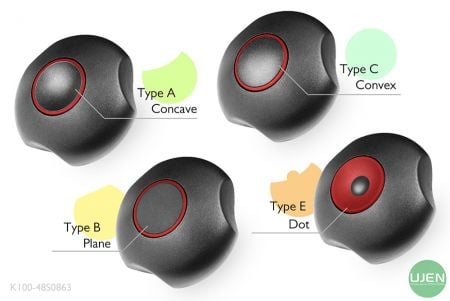 أربعة أشكال مختلفة (مقعر، مسطح، محدب ونقطة) مع مقابض مصممة.