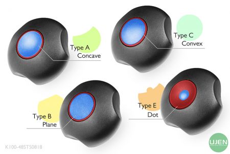 Four different shapes (concave, plane, convex and dot) with shaped knobs