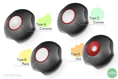 أربعة أشكال مختلفة (مقعر، مستوٍ، محدب ونقطة) مع مقابض مصممة.