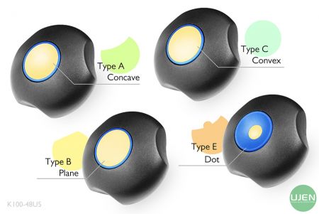 Cuatro formas diferentes (cóncava, plana, convexa y punto) con pomos moldeados