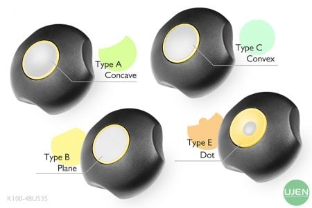 أربعة أشكال مختلفة (مقعرة، مستوية، محدبة ونقطة) مع مقابض مصممة