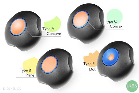 Quatre formes différentes (concave, plane, convexe et point) avec des boutons en forme.