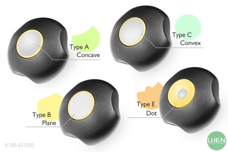 Four different shapes (concave, plane, convex and dot) with shaped knobs