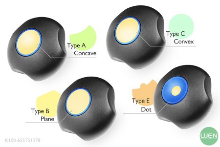 形状の異なる4つのタイプ(凹型、平面、凸型、点)を持つ成形ノブ