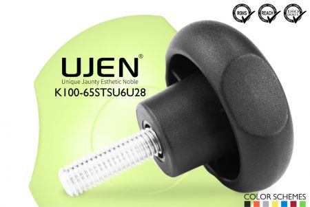 三つ葉プラスチックノブ ステンレススチールボルト、3/8 x 1-3/4、D65 - サークルノブ 3/8x1-3/4 インoxスチール 直径65