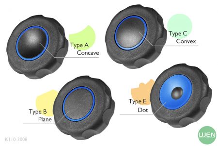 Four different shapes (concave, plane, convex and dot) with shaped knobs