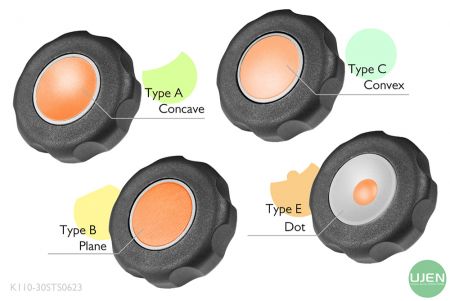 形状の異なる4つのタイプ（凹型、平面、凸型、ドット）と成形されたノブ